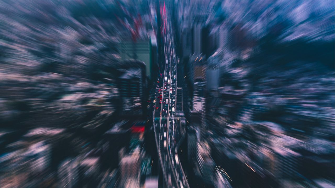 Wallpaper city, aerial view, blur, buildings, street