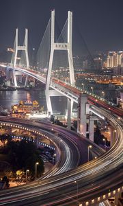 Preview wallpaper city, aerial view, bridge, road, long exposure, buildings, lights