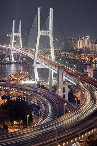 Preview wallpaper city, aerial view, bridge, road, long exposure, buildings, lights