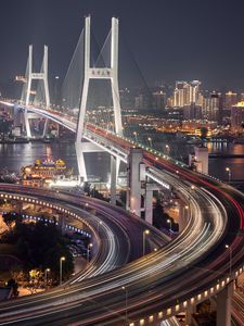 Preview wallpaper city, aerial view, bridge, road, long exposure, buildings, lights