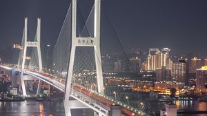 Preview wallpaper city, aerial view, bridge, road, long exposure, buildings, lights