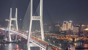 Preview wallpaper city, aerial view, bridge, road, long exposure, buildings, lights