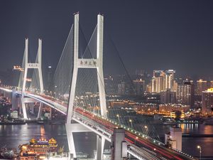 Preview wallpaper city, aerial view, bridge, road, long exposure, buildings, lights