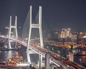 Preview wallpaper city, aerial view, bridge, road, long exposure, buildings, lights