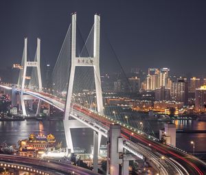 Preview wallpaper city, aerial view, bridge, road, long exposure, buildings, lights