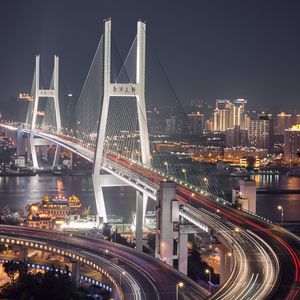 Preview wallpaper city, aerial view, bridge, road, long exposure, buildings, lights