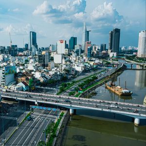 Preview wallpaper city, aerial view, bridge, buildings, cityscape