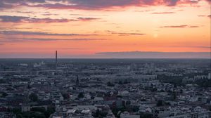 Preview wallpaper city, aerial view, buildings, architecture, dawn, morning