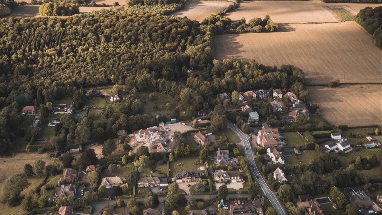 Wallpaper city, aerial view, buildings, fields, trees