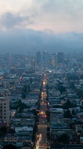Preview wallpaper city, aerial view, buildings, street, fog