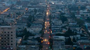 Preview wallpaper city, aerial view, buildings, street, fog