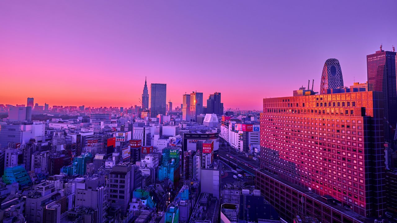 Wallpaper city, aerial view, buildings, dusk, purple