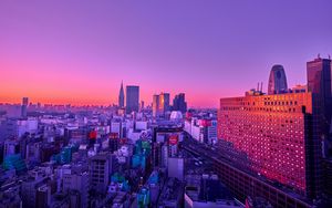 Preview wallpaper city, aerial view, buildings, dusk, purple