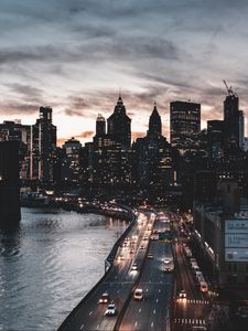 Preview wallpaper city, aerial view, buildings, road, cars, coast, new york