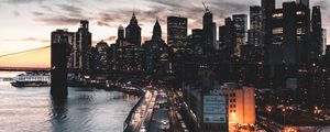 Preview wallpaper city, aerial view, buildings, road, cars, coast, new york