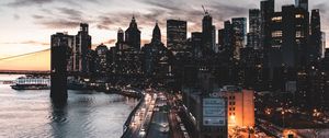 Preview wallpaper city, aerial view, buildings, road, cars, coast, new york