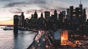Preview wallpaper city, aerial view, buildings, road, cars, coast, new york