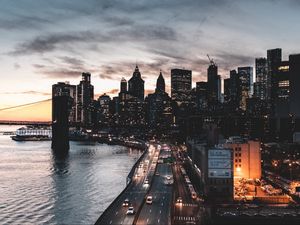 Preview wallpaper city, aerial view, buildings, road, cars, coast, new york