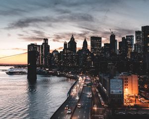 Preview wallpaper city, aerial view, buildings, road, cars, coast, new york