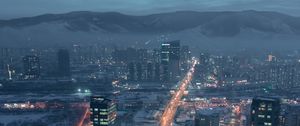 Preview wallpaper city, aerial view, buildings, road, mountain, snow