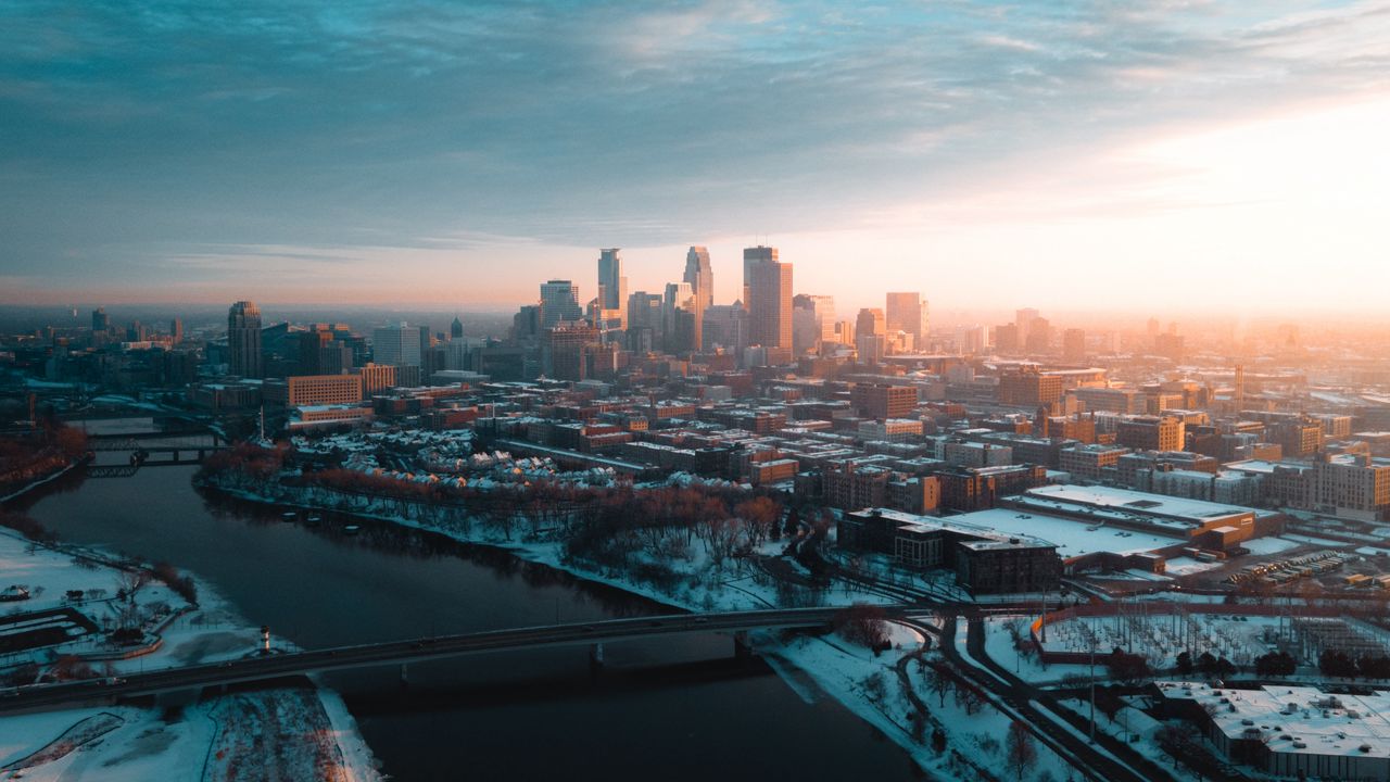 Wallpaper city, aerial view, buildings, river, bridge, winter