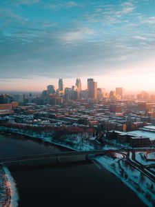 Preview wallpaper city, aerial view, buildings, river, bridge, winter