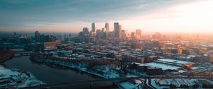 Preview wallpaper city, aerial view, buildings, river, bridge, winter