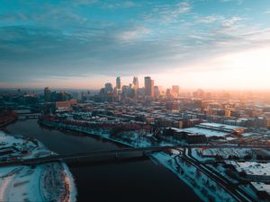 Preview wallpaper city, aerial view, buildings, river, bridge, winter