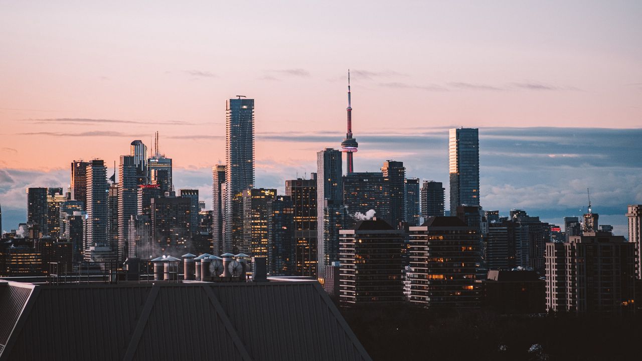 Wallpaper city, aerial view, buildings, architecture, dusk