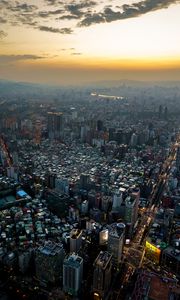 Preview wallpaper city, aerial view, buildings, sunset, overview