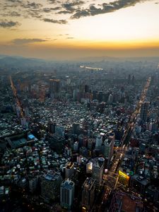 Preview wallpaper city, aerial view, buildings, sunset, overview