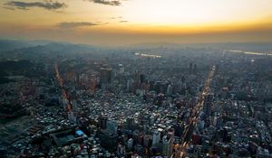 Preview wallpaper city, aerial view, buildings, sunset, overview