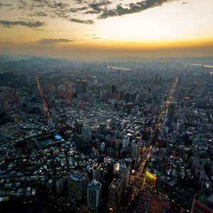 Preview wallpaper city, aerial view, buildings, sunset, overview