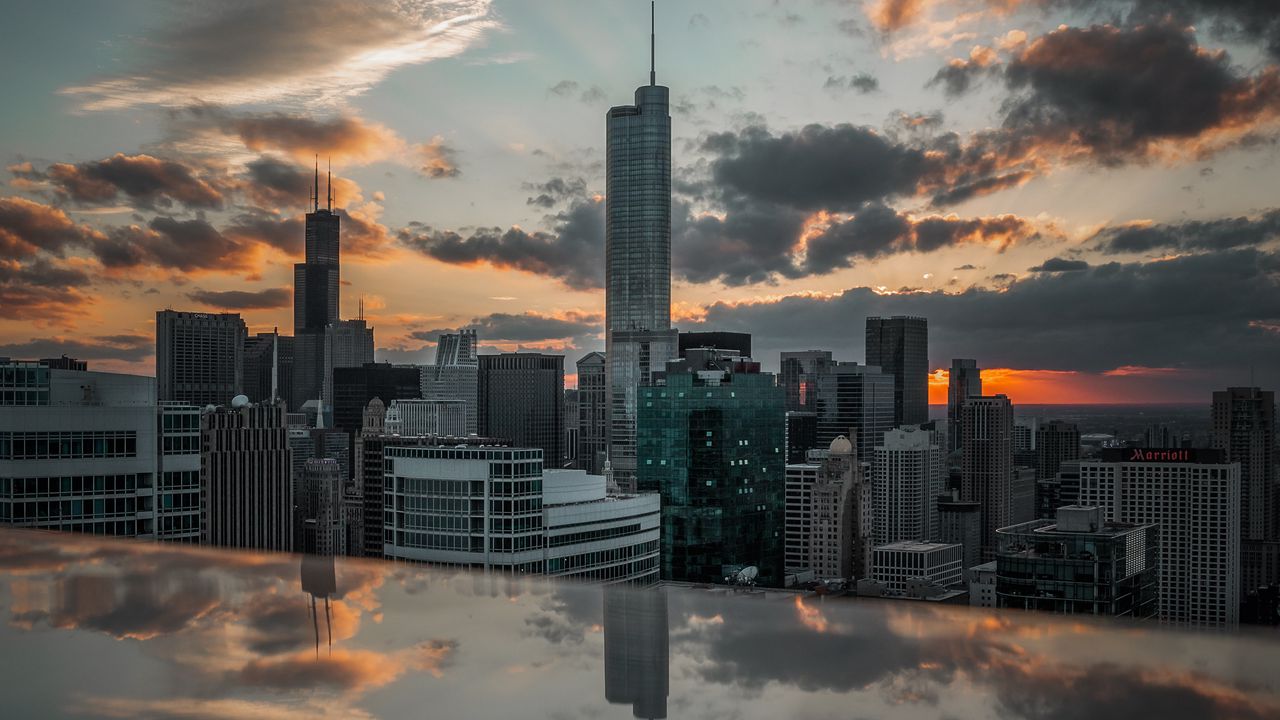 Wallpaper city, aerial view, buildings, sunset, reflection