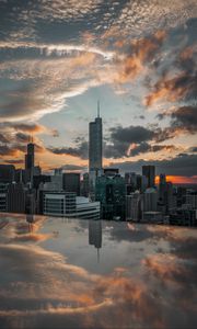 Preview wallpaper city, aerial view, buildings, sunset, reflection