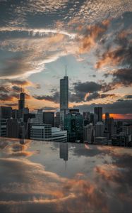 Preview wallpaper city, aerial view, buildings, sunset, reflection