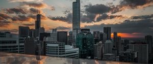 Preview wallpaper city, aerial view, buildings, sunset, reflection