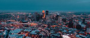 Preview wallpaper city, aerial view, buildings, roads, snow, dusk