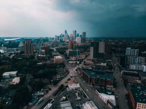 Preview wallpaper city, aerial view, buildings, road, cityscape, horizon