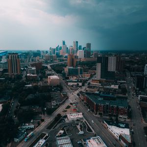 Preview wallpaper city, aerial view, buildings, road, cityscape, horizon