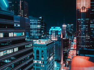 Preview wallpaper city, aerial view, buildings, lights, night