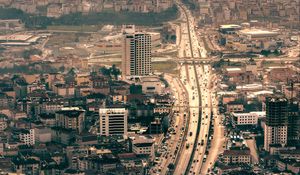 Preview wallpaper city, aerial view, buildings, road, cars