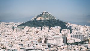 Preview wallpaper city, aerial view, buildings, mountain, athens, greece