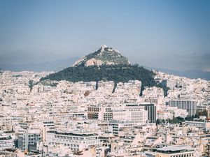 Preview wallpaper city, aerial view, buildings, mountain, athens, greece