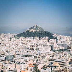 Preview wallpaper city, aerial view, buildings, mountain, athens, greece