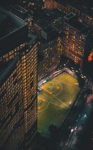 Preview wallpaper city, aerial view, buildings, football ground, night, lights