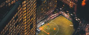 Preview wallpaper city, aerial view, buildings, football ground, night, lights