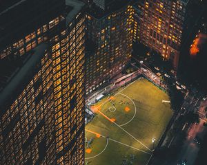 Preview wallpaper city, aerial view, buildings, football ground, night, lights