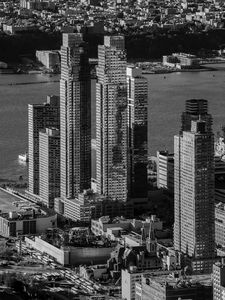 Preview wallpaper city, aerial view, buildings, pier, water, bw