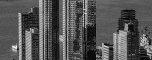 Preview wallpaper city, aerial view, buildings, pier, water, bw